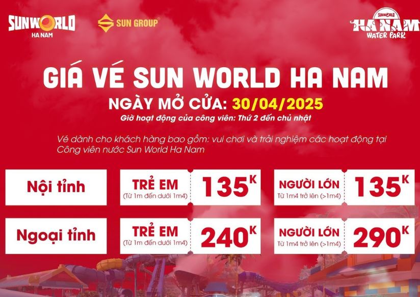 Bảng giá vé Sun World Hà Nam mới nhất